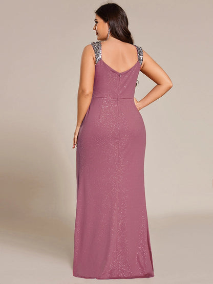 Plus Size Glitter V-Neck Beaded Strap Slit Mermaid Long Prom Dress