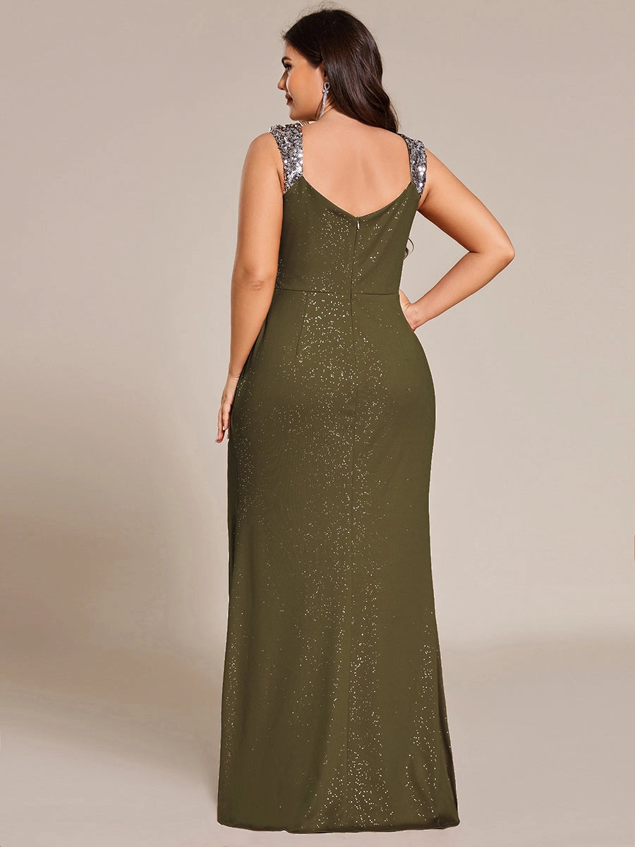 Plus Size Glitter V-Neck Beaded Strap Slit Mermaid Long Prom Dress