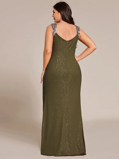 Plus Size Glitter V-Neck Beaded Strap Slit Mermaid Long Prom Dress