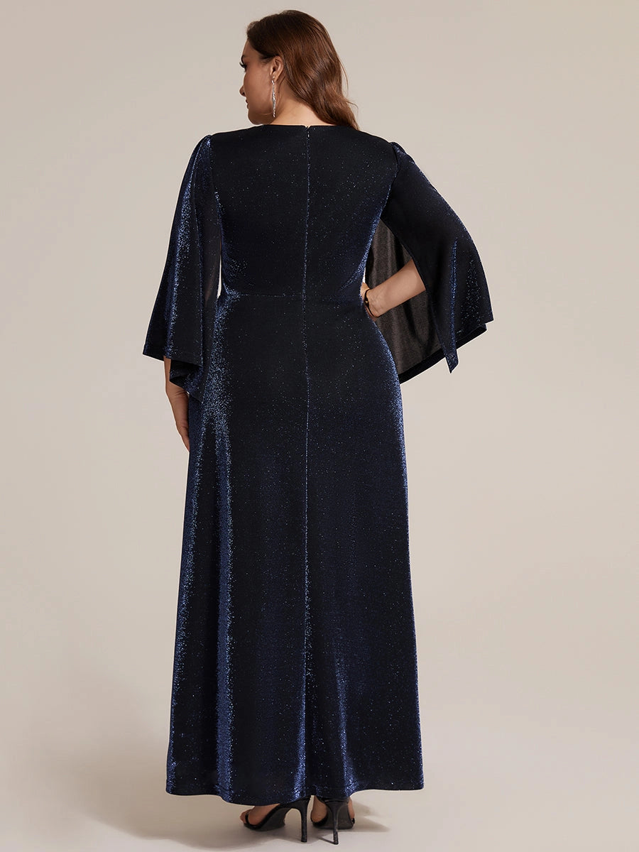 Back view of a navy long cape sleeve mother of the bride dress with center zipper by roselledress