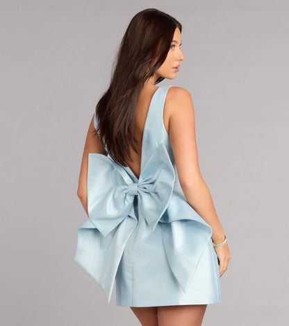 Back view RoselleDress satin open back mini dress large bow sleeveless homecoming bridal dress