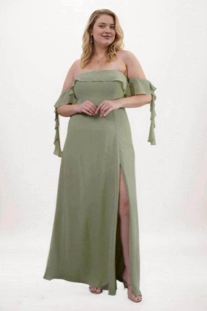 Sage green chiffon bridesmaid dress with an off-shoulder ruffle neckline, flutter sleeves, cascading sleeve tails and a high side slit, front view.
