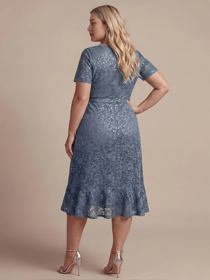 Flattering Wrap V-Neck Short Sleeve Zipper Back Hi-Lo Midi Plus Size Prom Dress 