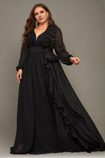 Plus Size Burgundy A Line V Neck Long Sleeve V‑Zip Back Long Prom Dress