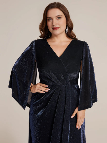 A-Line V-Neck Cape Sleeve Zip-Back Long Mother of the Bride Dress