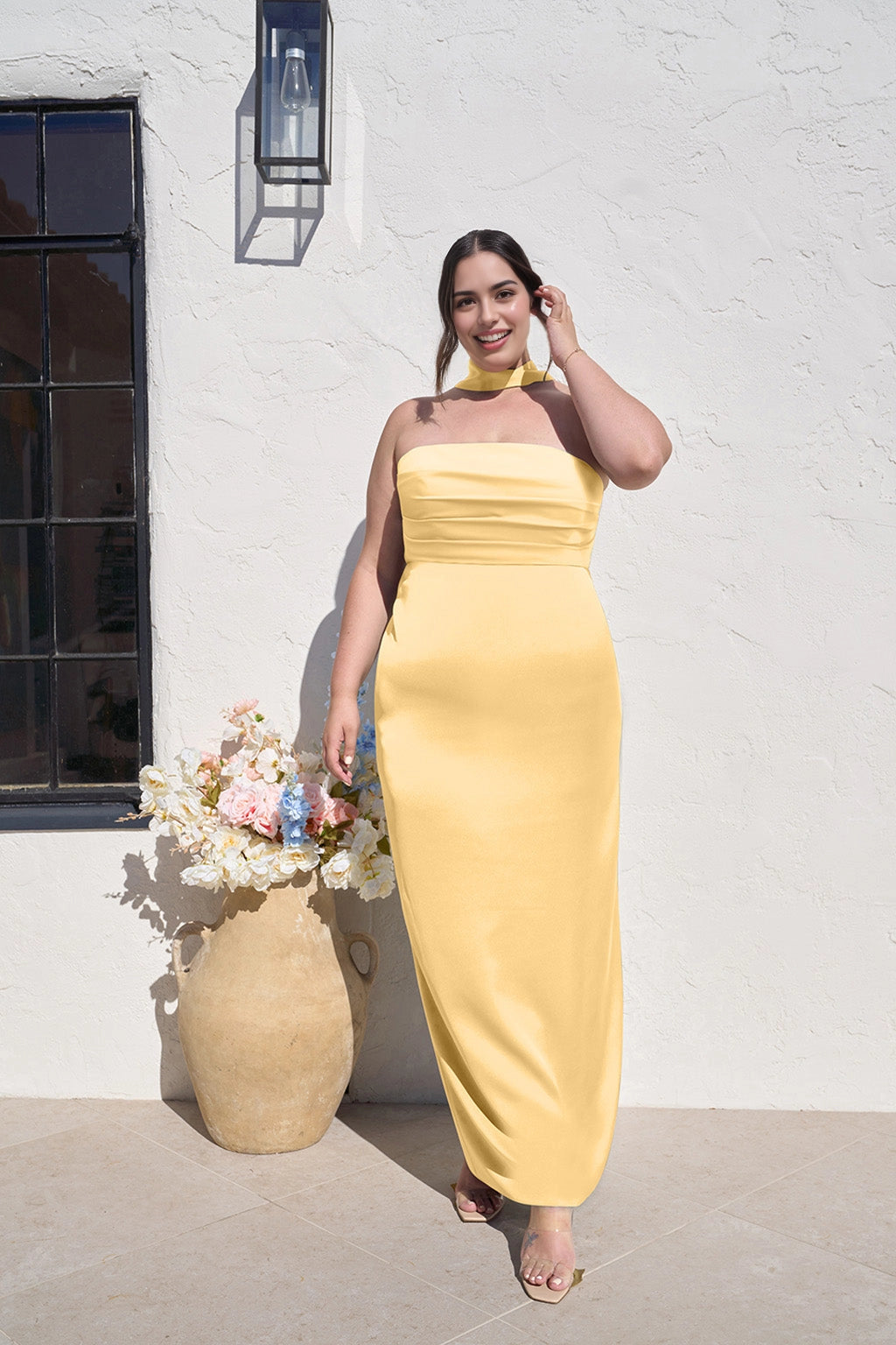 Elegant Sheath Straight Neck Strapless Zipper Back Long Plus Size Bridesmaid Dress