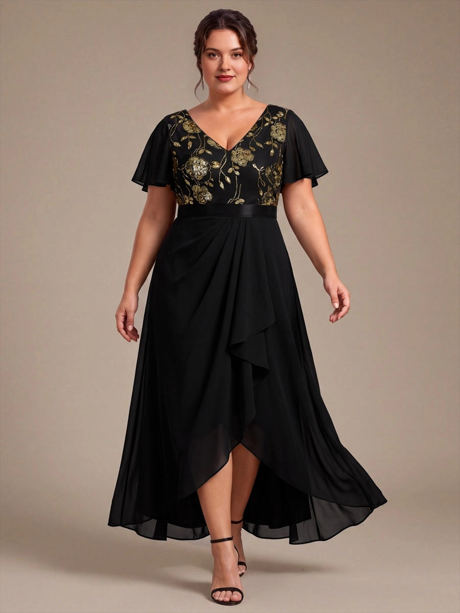 A-Line V-Neck Flutter Sleeve V-Back High-Low Mother of the Bride Dress