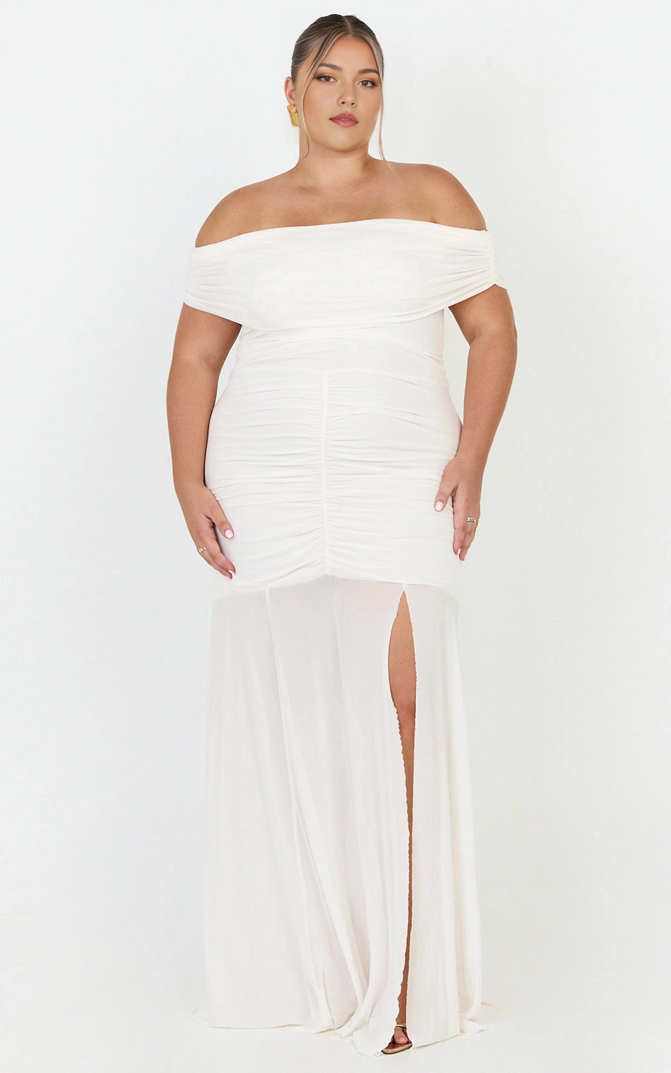 Ruched Off Shoulder Mesh High Slit Plus Size Wedding Guest Dress