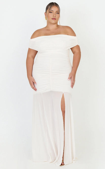 Ruched Off Shoulder Mesh High Slit Plus Size Wedding Guest Dress