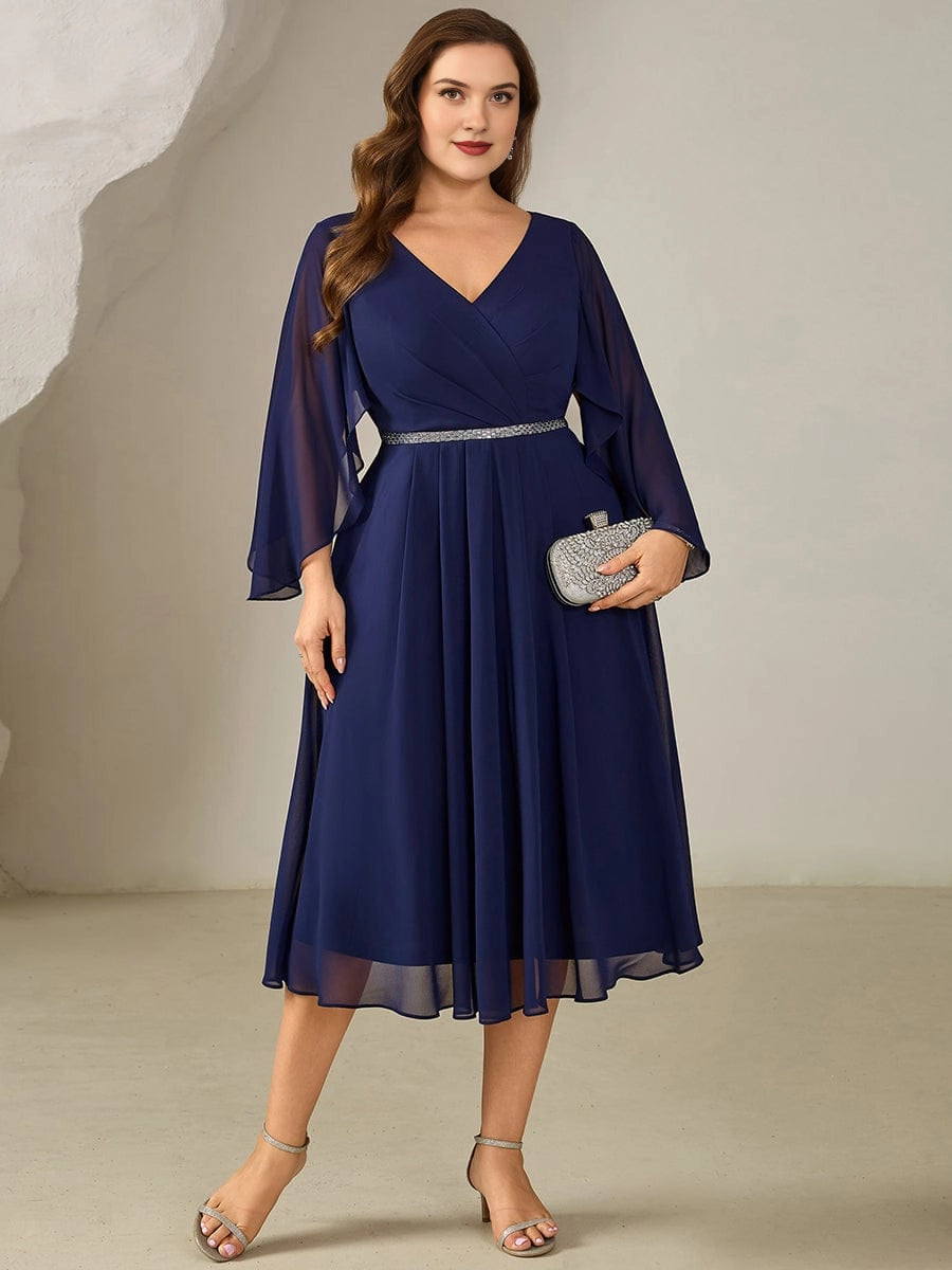 Plus Size A-Line V-Neck Cape Sleeve Elastic-Back Mother of the Bride Dress