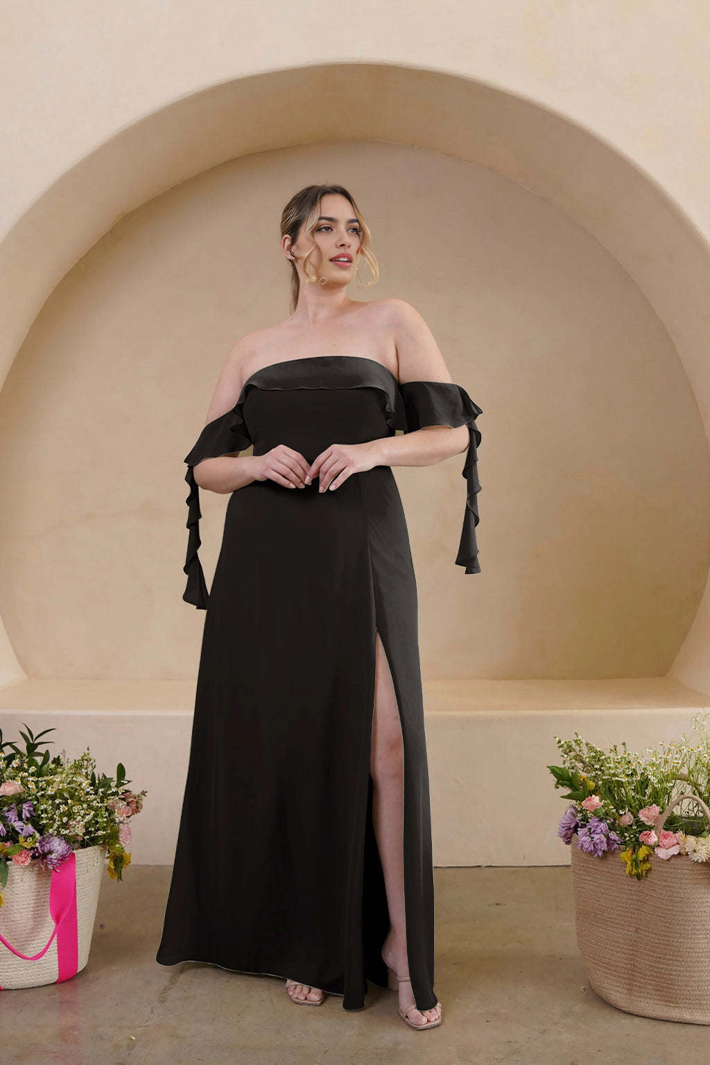 Elegant A-Line Straight Neck Ruffle Sleeve Zipper Back Floor Length Bridesmaid Dress