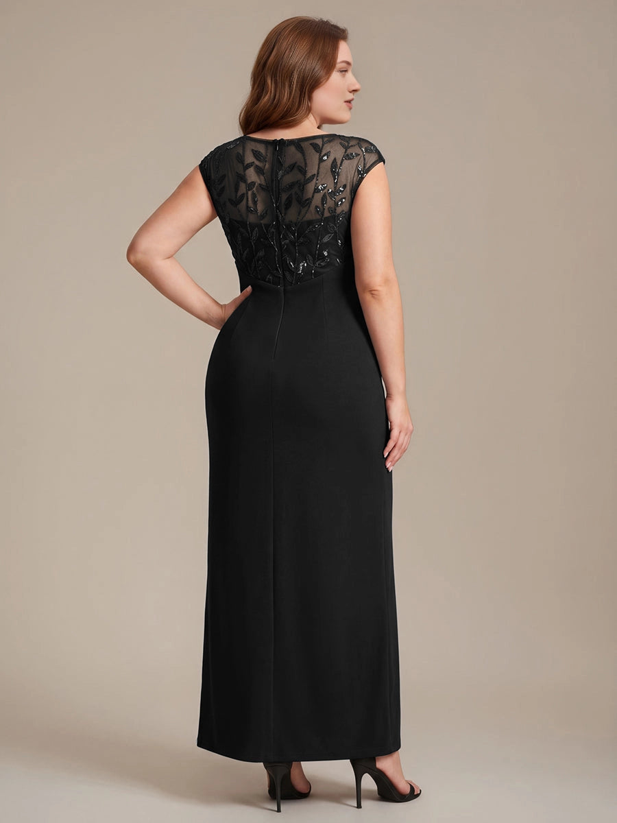 Elegant Sheath Bateau Neck Cap Sleeve Sheer Back Floor-Length Mother of the Bride Dress