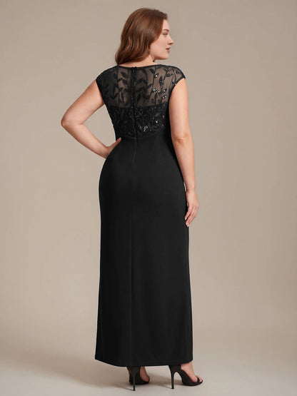 Elegant Sheath Bateau Neck Cap Sleeve Sheer Back Floor-Length Mother of the Bride Dress