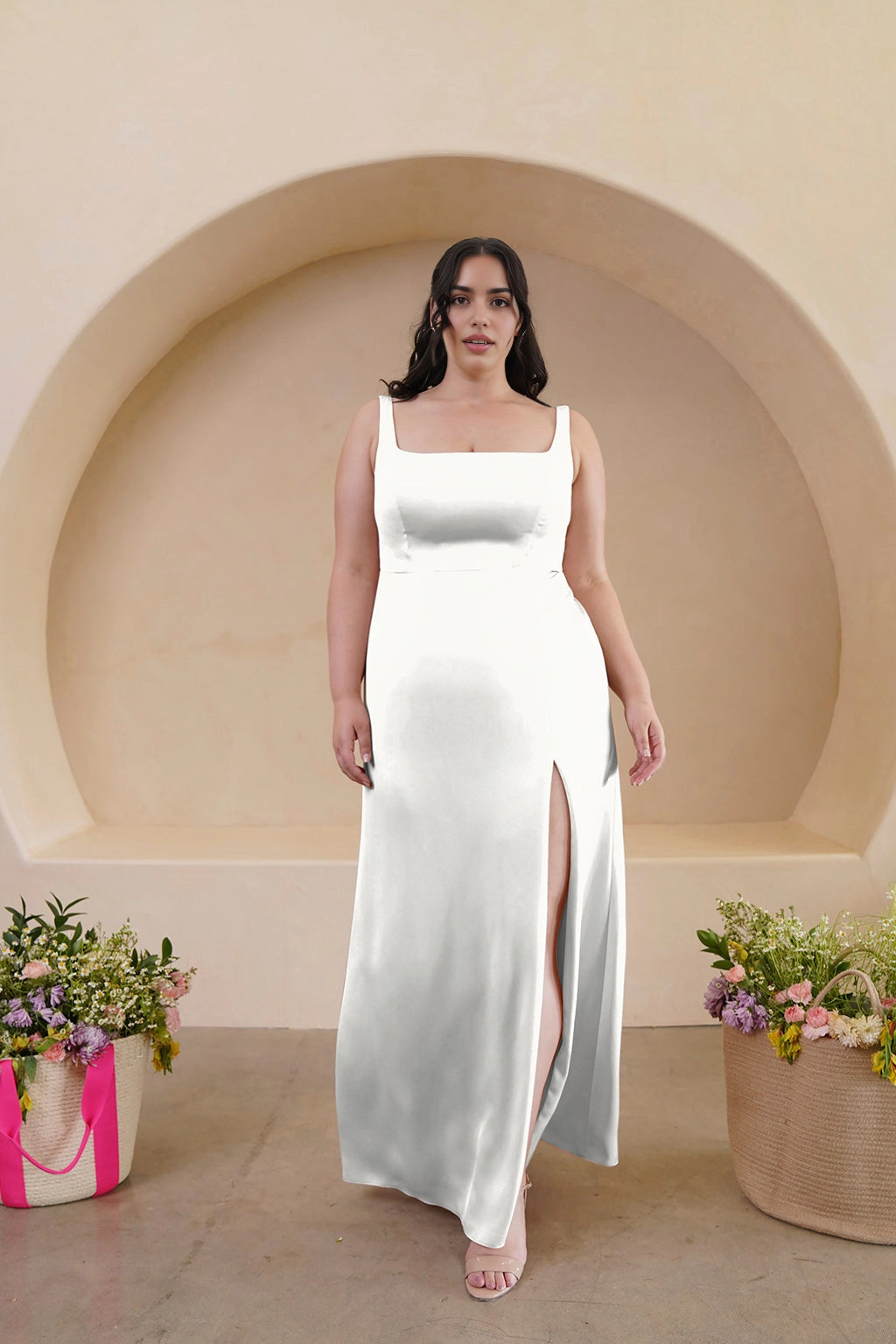 Elegant Sheath Square Neck Sleeveless Scoop Back Floor Length Bridesmaid Dress