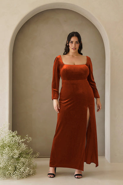 Elegant Sheath Square Neck Long Sleeve Scoop Back Plus Size Evening Dress