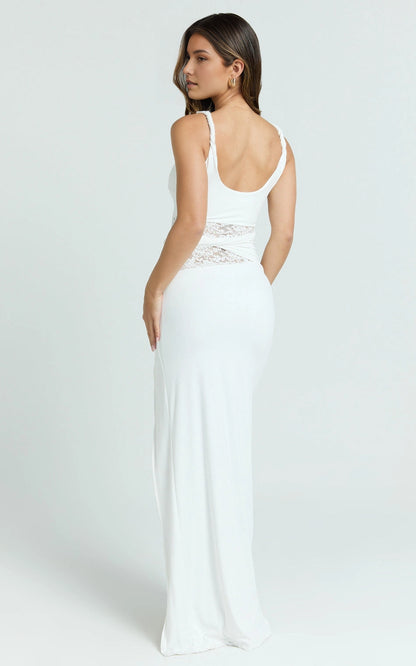 Scoop Back Lace Waist Cutout High Slit Bodycon Plus Size Wedding Guest Dress