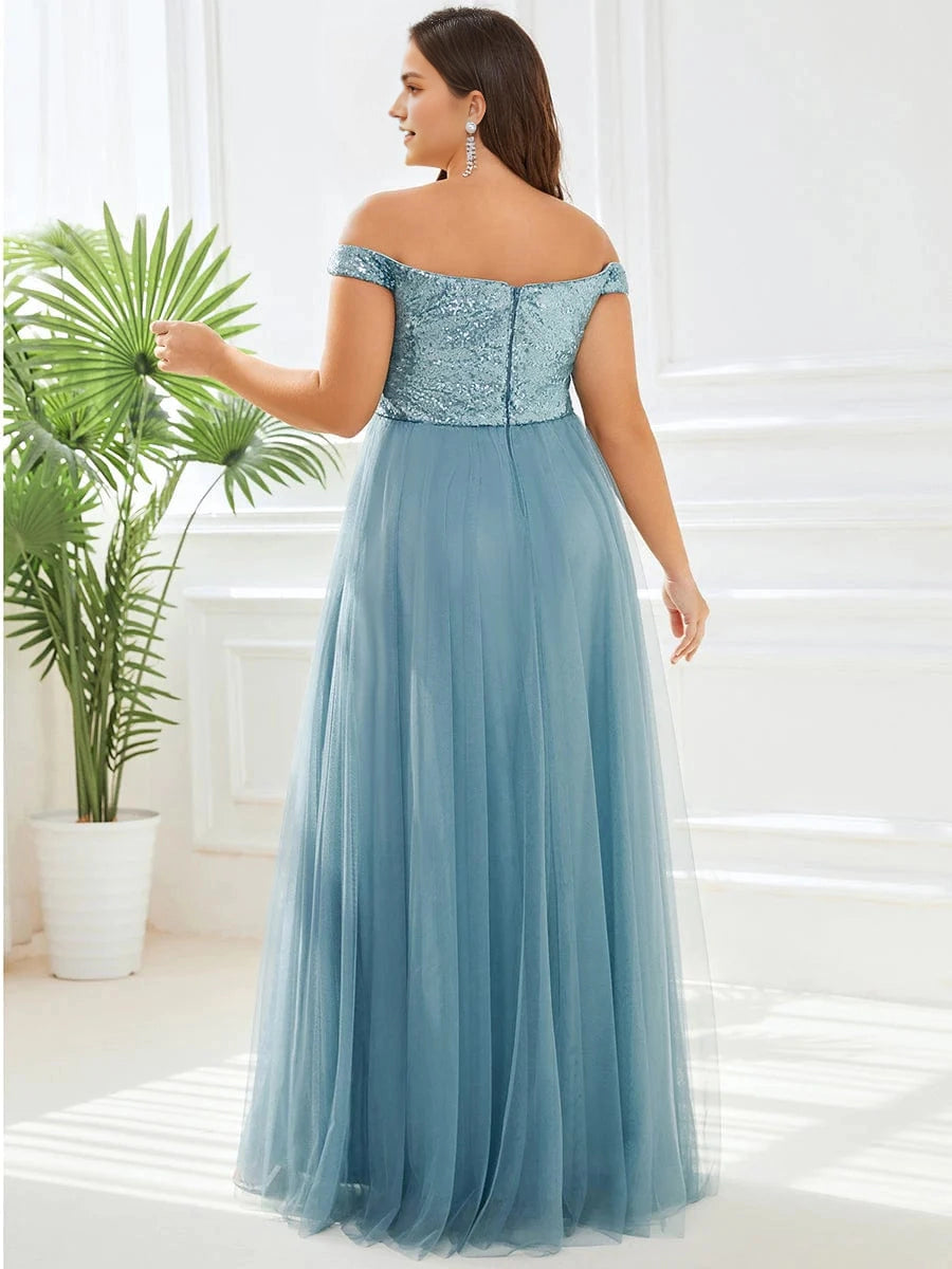 Glamorous A‑Line Off‑The‑Shoulder Cap‑Sleeve V‑Back Floor‑Length Plus Size Prom Dress