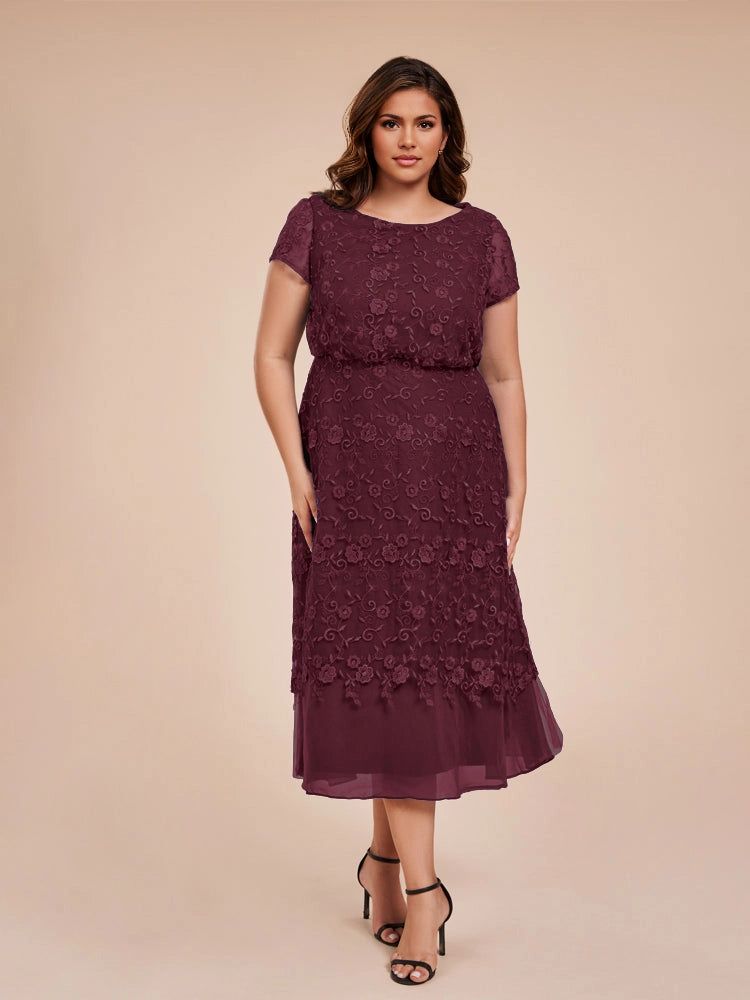 Elegant A‑Line Round Neck Short Sleeve Zipper‑Back Midi Length Formal Plus Size Mother Of The Bride Dress