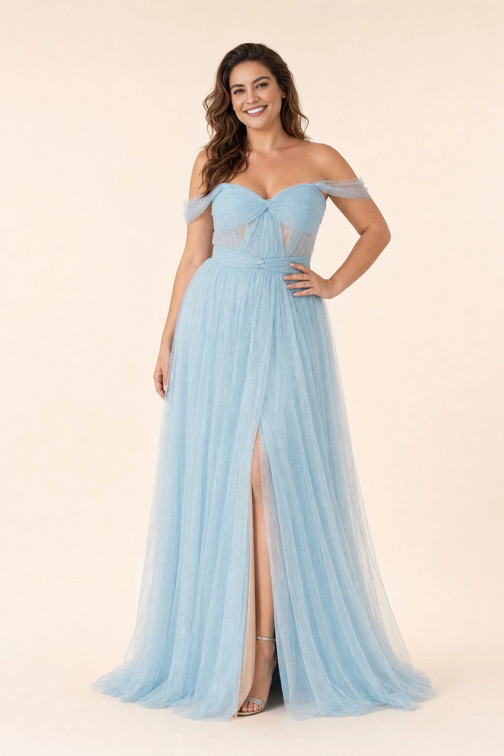 Dreamy A Line Off Shoulder V Back Bow Zipper Back Plus Size Glitter Tulle Maxi Prom Dress
