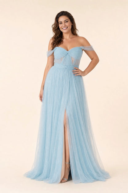 Dreamy A Line Off Shoulder V Back Bow Zipper Back Plus Size Glitter Tulle Maxi Prom Dress