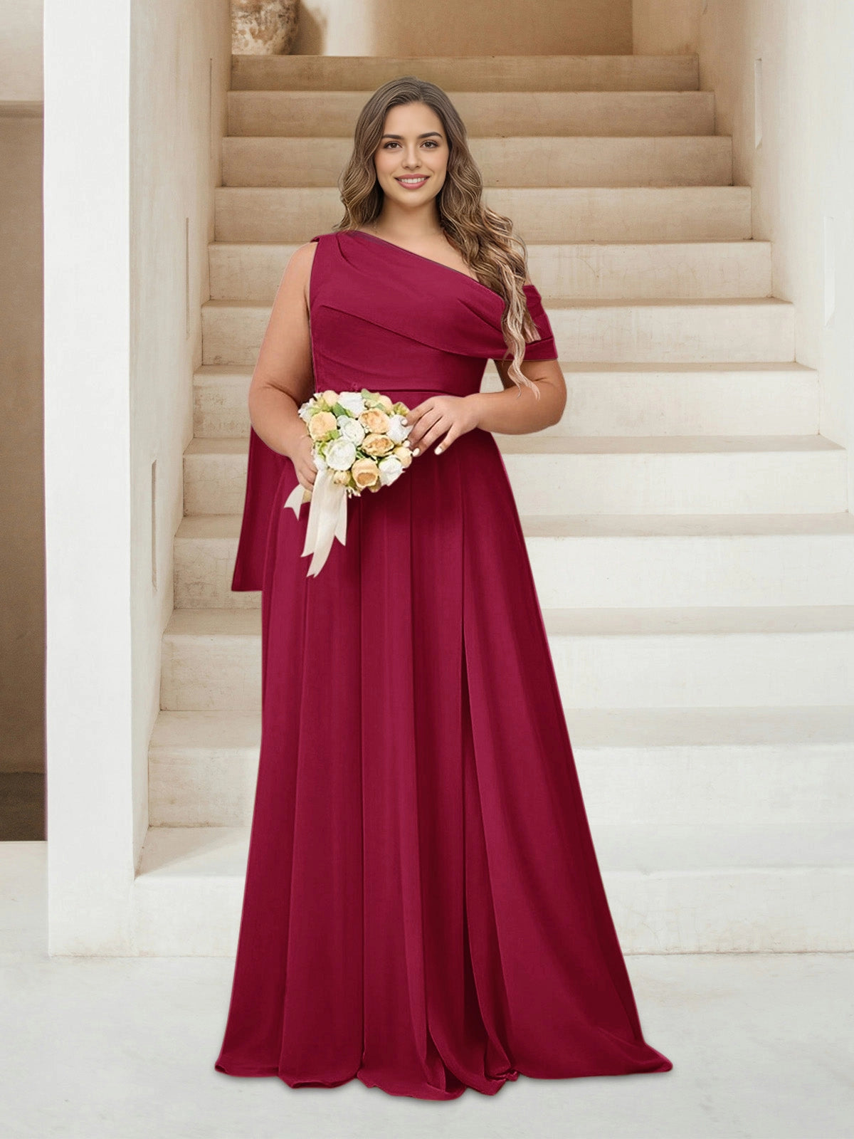 Roselledress Chic A-Line One Shoulder Draped Sleeve Zipper Back Floor Length Plus Size Mother Of The Bride Dress