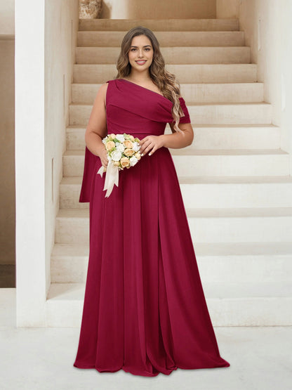 Roselledress Chic A-Line One Shoulder Draped Sleeve Zipper Back Floor Length Plus Size Mother Of The Bride Dress