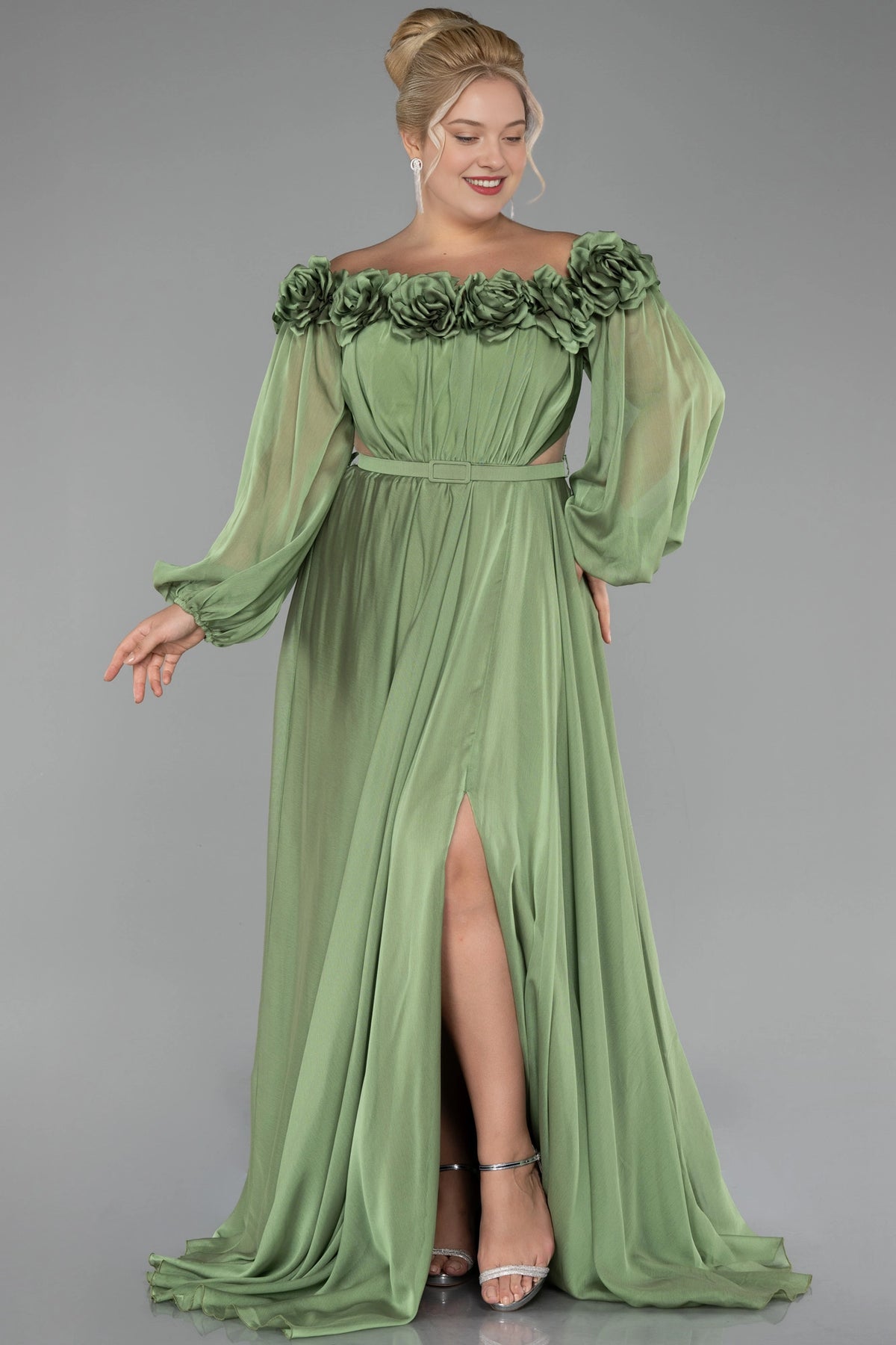 Elegant A-Line Square-Neck Sheer-Sleeve Zipper-Back Floor-Length Plus Size Wedding Guest Dress