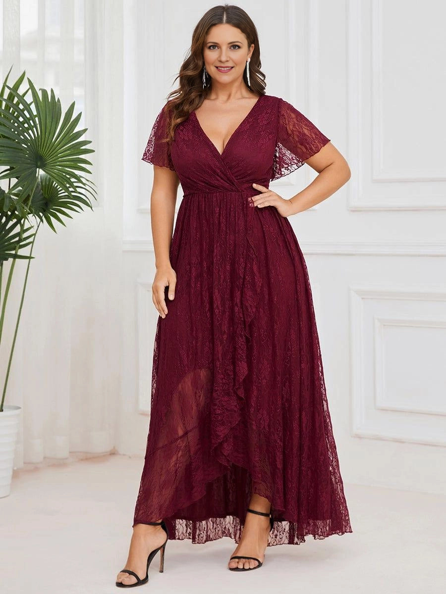 Elegant Plus Size A-Line Wrap V-Neck Flutter-Sleeve Zipper-Back High-Low Mother of Bride Dress