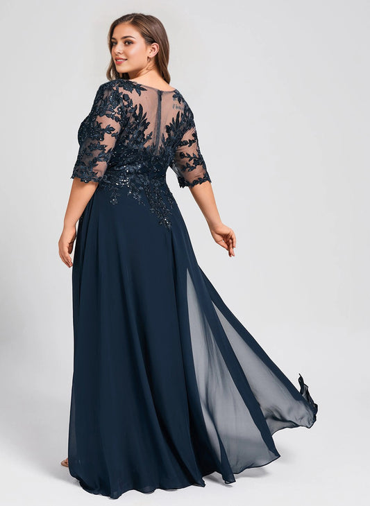 Roselledress dark navy plus size formal gown illusion lace zipper back rear view