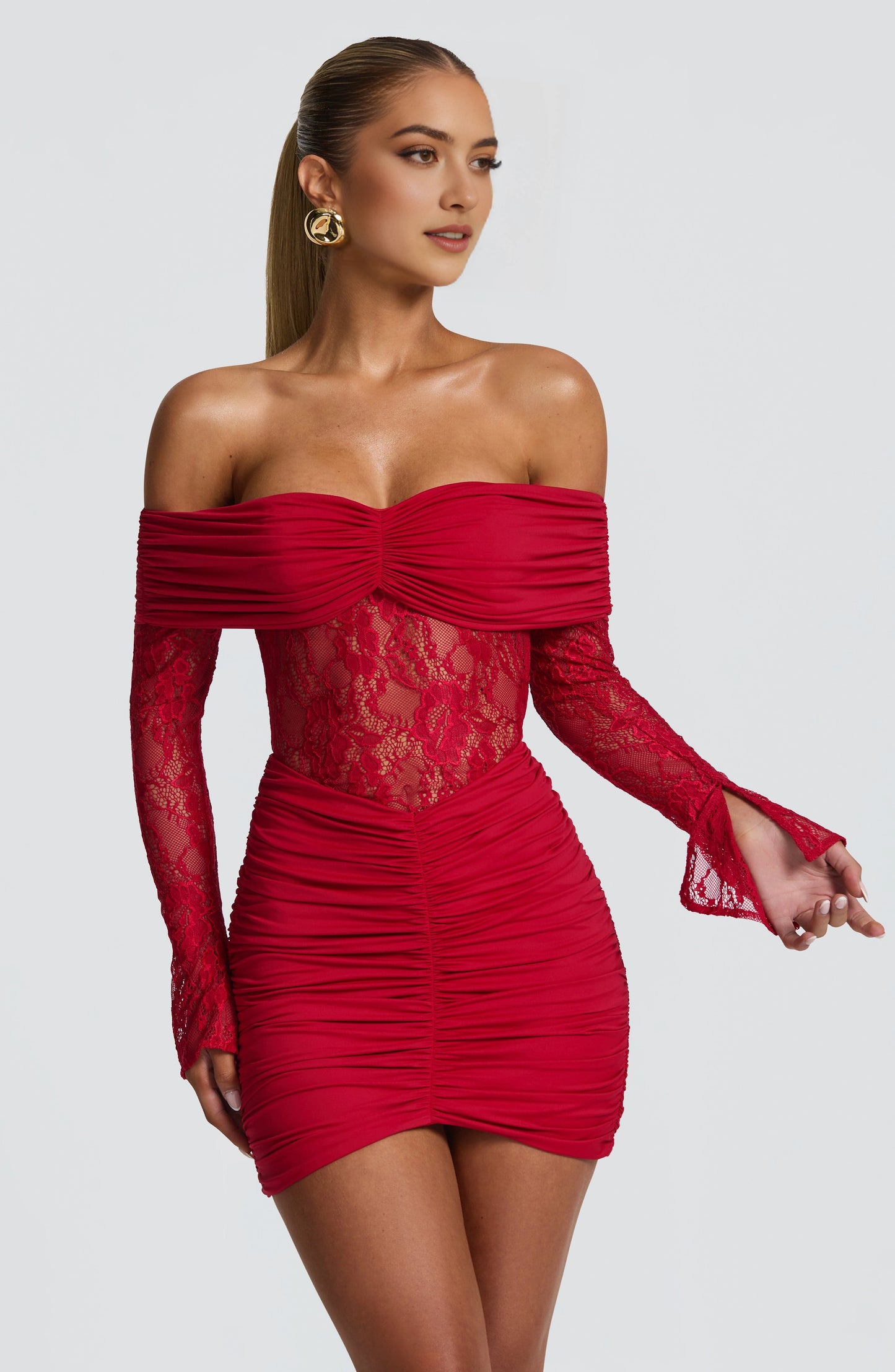 Red Bodycon Off Shoulder Long Sleeve Open Back Mini Homecoming Dress