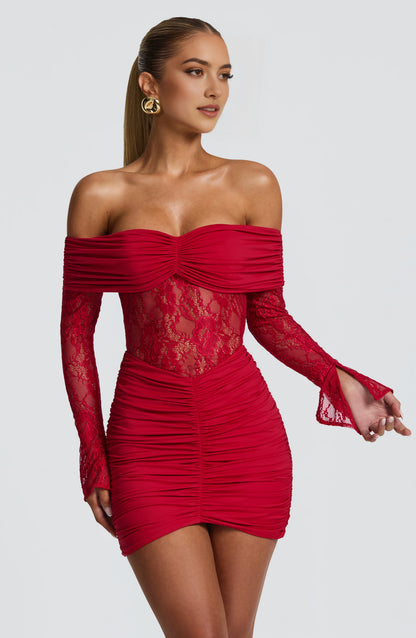 Red Bodycon Off Shoulder Long Sleeve Open Back Mini Homecoming Dress