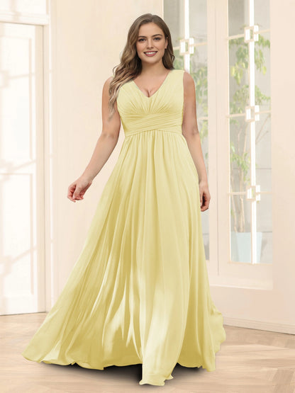 Plus‑Size Sleeveless V‑Neck Empire Waist Chiffon A‑Line Floor‑Length Wedding Guest Dress