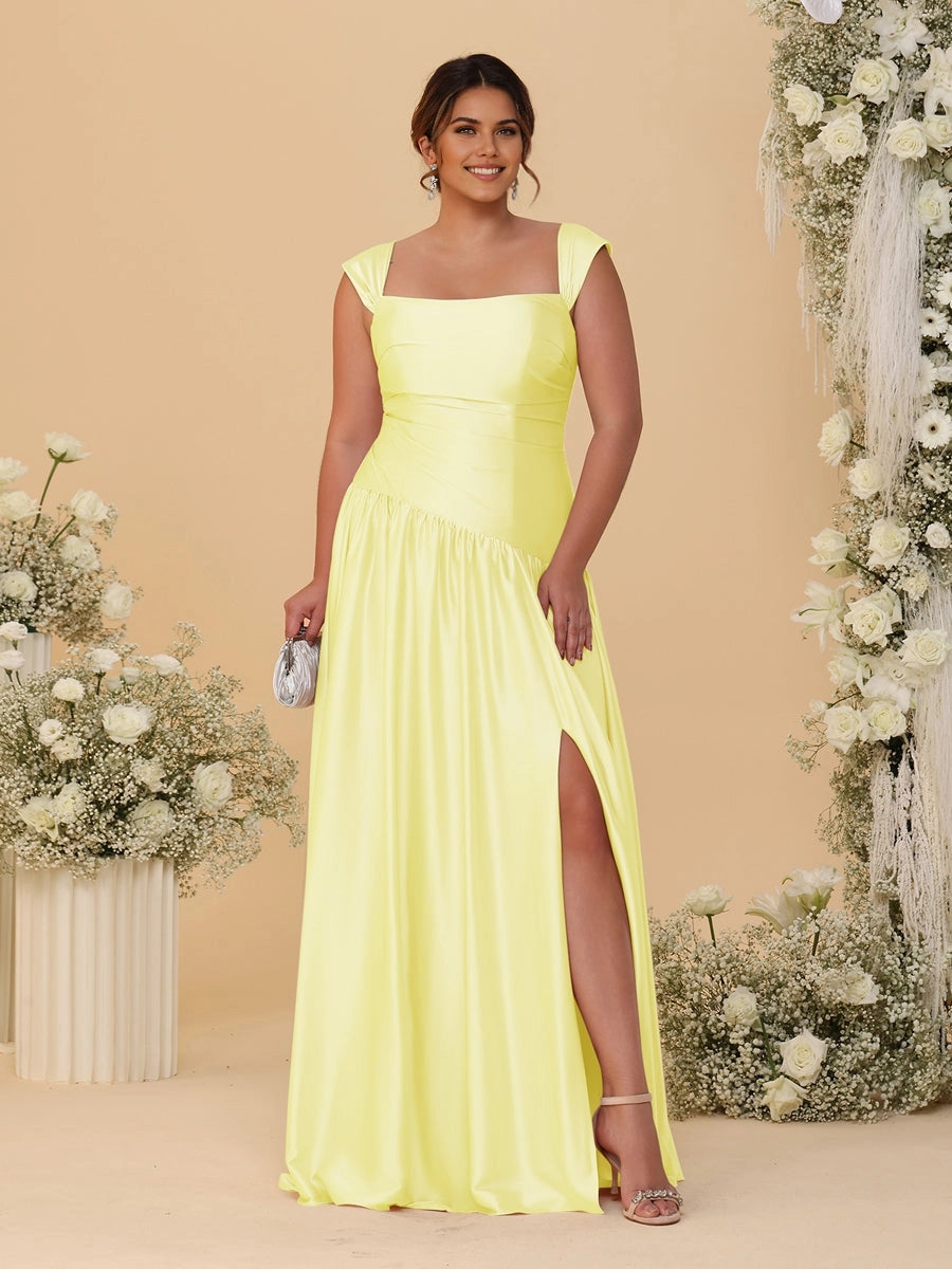 Stunning Champagne A‑Line Convertible‑Neck Ruched Zip‑Back High‑Slit Floor‑Length Bridesmaid Dress