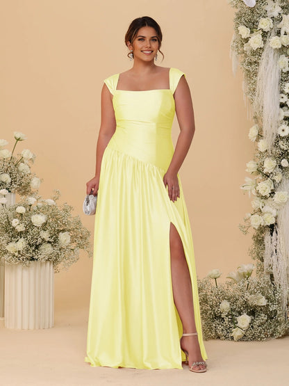 Stunning Champagne A‑Line Convertible‑Neck Ruched Zip‑Back High‑Slit Floor‑Length Bridesmaid Dress