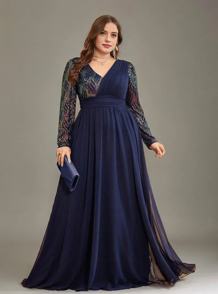 Elegant A-Line V-Neck Long-Sleeve Zip-Back Floor-Length Plus Size Mother Of Bride Dress