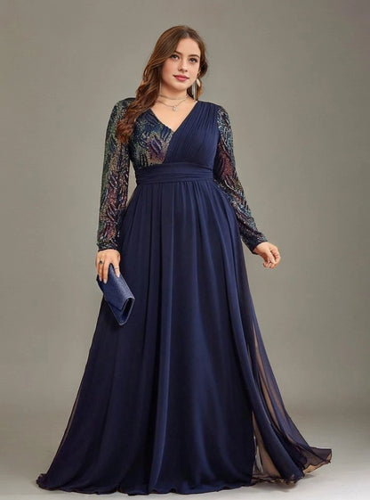 Elegant A-Line V-Neck Long-Sleeve Zip-Back Floor-Length Plus Size Mother Of Bride Dress