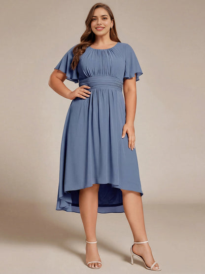 Roselledress Burgundy Round Neck Flutter Sleeve Zip Back High-Low Midi Plus Size Weeding Guest Dress