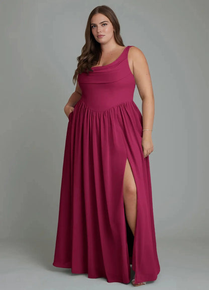 Roselledress Elegant A-Line Cowl Neck Sleeveless Draped Back Maxi Plus Size Bridesmaid Dress