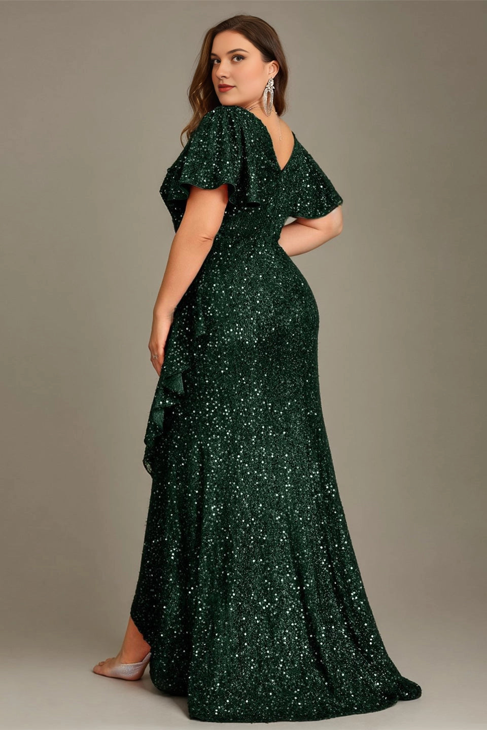 Glamorous Plus Size Sheath V-Neck Short-Sleeve V-Back Long Evening Dress