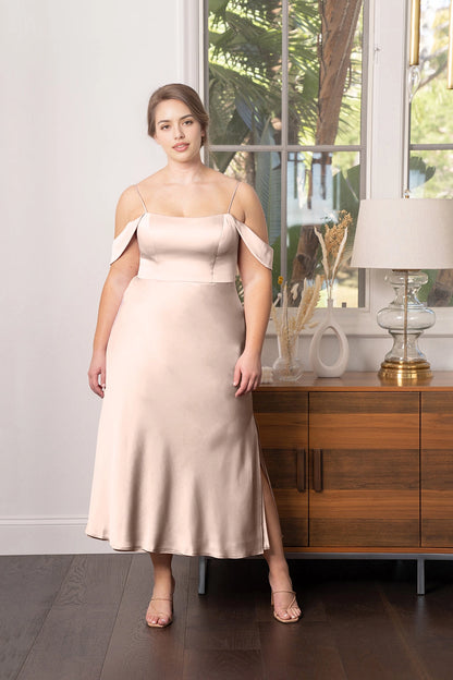 Elegant A-Line Straight Neck Off Shoulder Zipper Back Plus Size Bridesmaid Dress