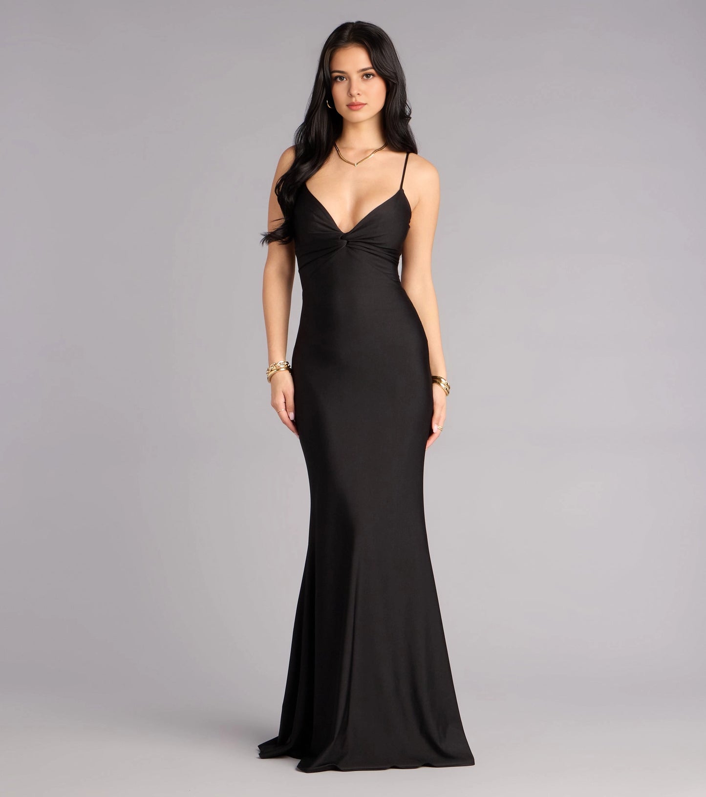 Burgundy Satin Mermaid Twist V-Neck Sleeveless Twist Cutout Back Maxi Prom Dress