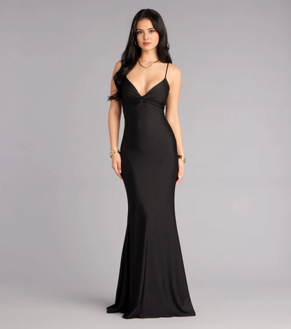Burgundy Satin Mermaid Twist V-Neck Sleeveless Twist Cutout Back Maxi Prom Dress