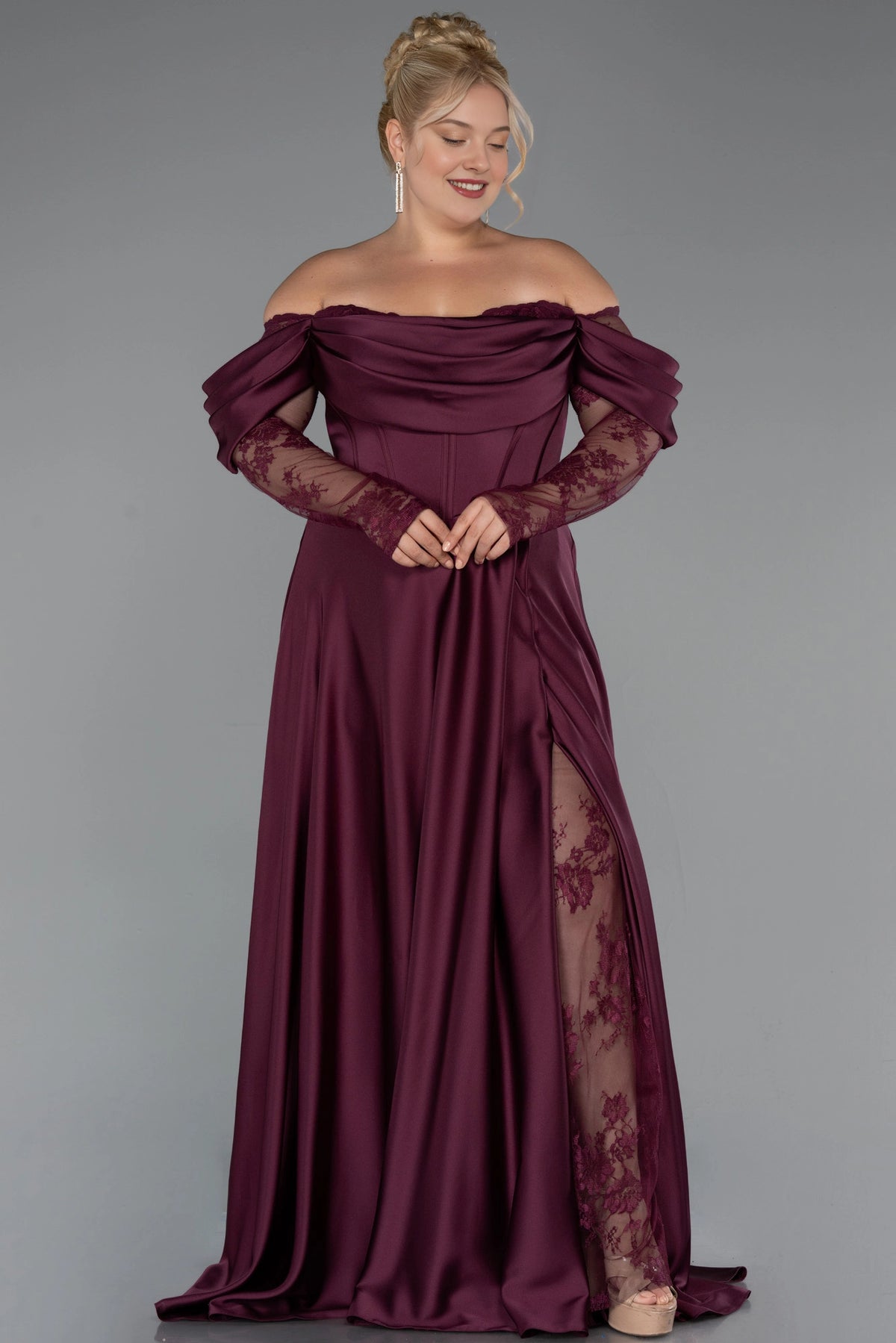 Elegant A-Line Off-Shoulder Lace-Sleeve Zipper-Back Floor-Length Plus Size Wedding Guest Dress
