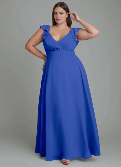 Burgundy Plus Size Chiffon A-Line V-Neck Ruffled Open Back Maxi Bridesmaid Dress