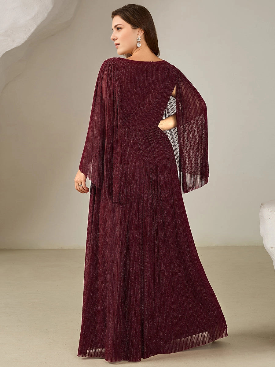 roselledress wine red plus size evening gown sheer cape sleeve waist cutout back glitter pleated maxi mother of bride dress back view