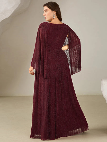 roselledress wine red plus size evening gown sheer cape sleeve waist cutout back glitter pleated maxi mother of bride dress back view