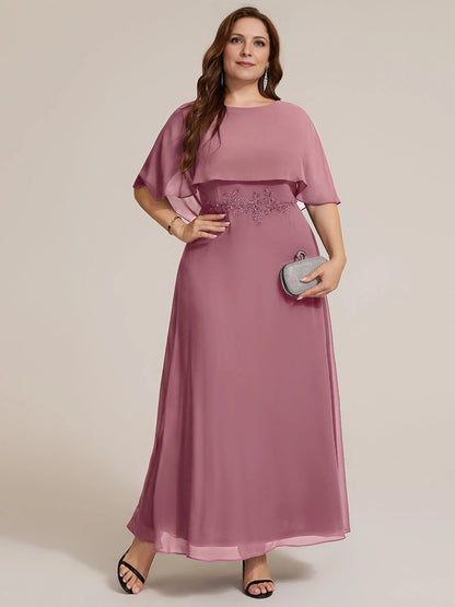 Elegant Plus Size A-Line Boat-Neck Cape-Sleeve Square-Back Maxi Mother of Bride Dress