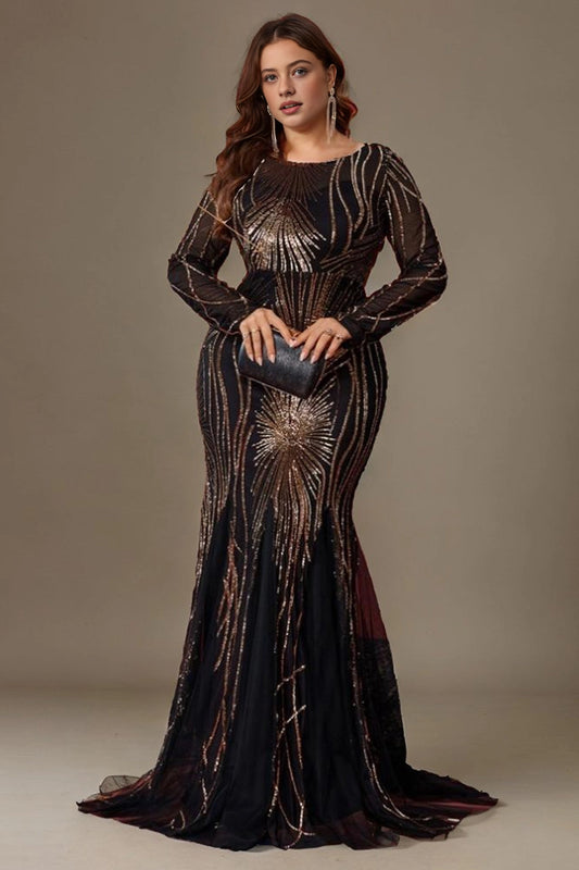 roselledress Espresso gold sequin plus size evening gown round neck long sleeve mesh mermaid train formal mother dress