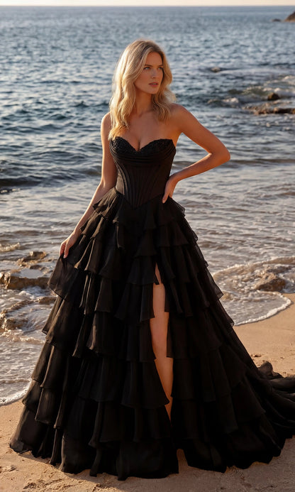 Flowy Tiered Strapless Corset Plain Back Train Prom Dress