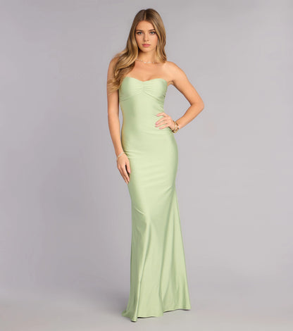 Burgundy Satin Mermaid Strapless Sweetheart Bow Tie Back Maxi Prom Dress